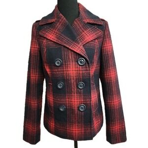 Old Navy Red Plaid Wool Pea Coat‎ Juniors S Jacket Buffalo Check Evermore Preppy